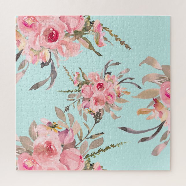 Blush Pink Flowers on Light Blue Jigsaw Puzzle (Vertical)