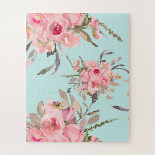 Blush Pink Flowers on Light Blue Jigsaw Puzzle