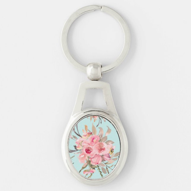 Blush Pink Flowers on Light Blue Key Ring (Front)