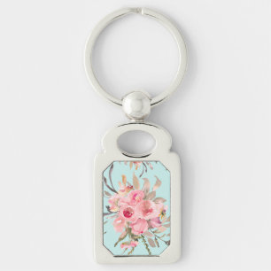 Blush Pink Flowers on Light Blue Key Ring