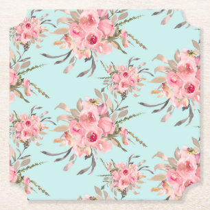 Blush Pink Flowers on Light Blue Paper Coaster