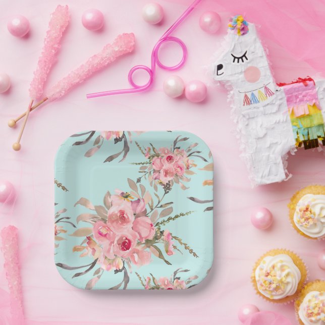 Blush Pink Flowers on Light Blue Paper Plate (Party)