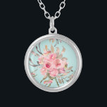 Blush Pink Flowers on Light Blue Silver Plated Necklace<br><div class="desc">Gorgeous blush pink watercolor flowers are blooming against a light blue background.</div>