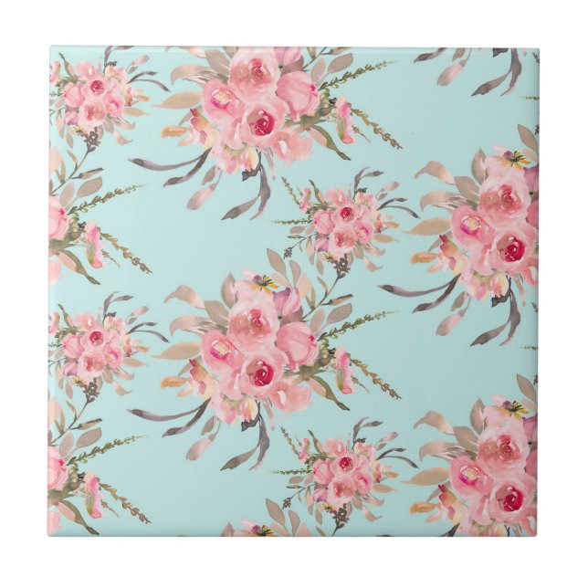 Blush Pink Flowers on Light Blue Tile (Front)