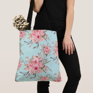 Blush Pink Flowers on Light Blue Tote Bag
