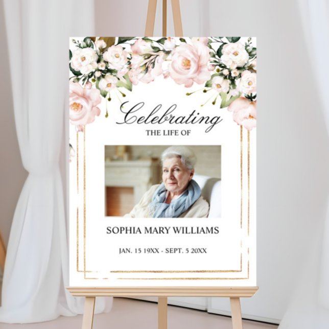Blush Pink Flowers Photo Memorial Funeral  Poster (Creator Uploaded)
