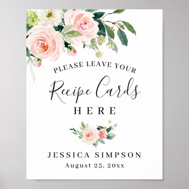 Blush Pink Flowers Recipe Cards Bridal Shower Post Poster (Front)