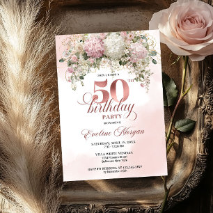 Blush Pink Flowers Rose Gold 50th Birthday Party  Invitation