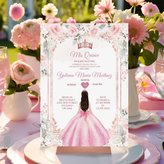 Blush Pink Flowers & Rose Gold Crown Mis Quince Invitation (Creator Uploaded)