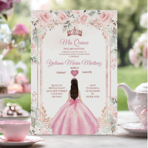 Blush Pink Flowers & Rose Gold Crown Mis Quince Invitation
