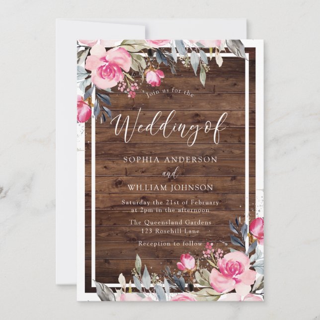 Blush Pink Flowers Rustic Wood Wedding Invitation (Front)