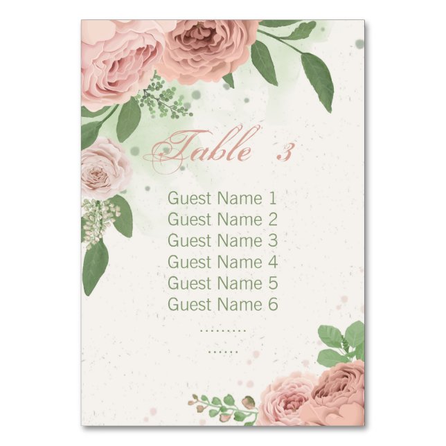 blush pink flowers sage green leaves seating chart table number (Front)
