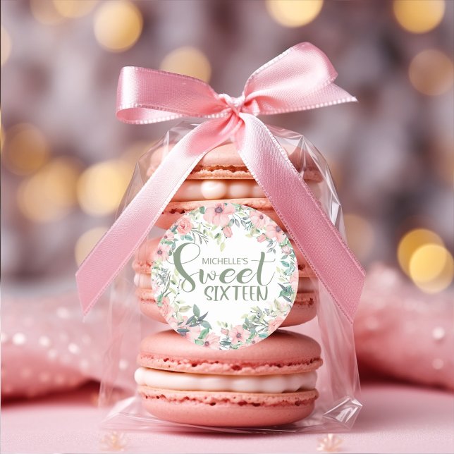 Blush Pink Flowers Sage Green Leaves Sweet 16 Classic Round Sticker (Blush pink watercolor floral Sweet 16 party favor sticker )