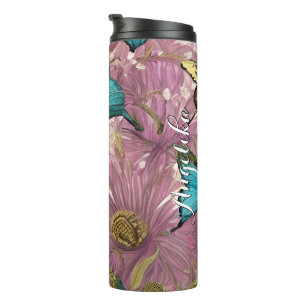 Blush Pink Flowers Teal and Gold Butterflies Thermal Tumbler