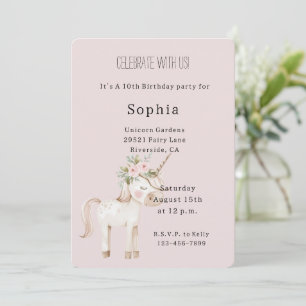 Blush Pink Flowers Unicorn Birthday Invitation