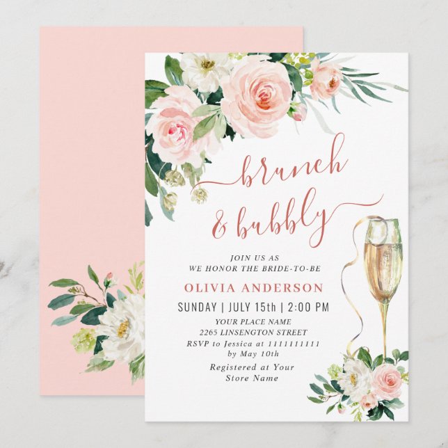 Blush Pink Flowers Watercolor Bridal Brunch Invitation (Front/Back)