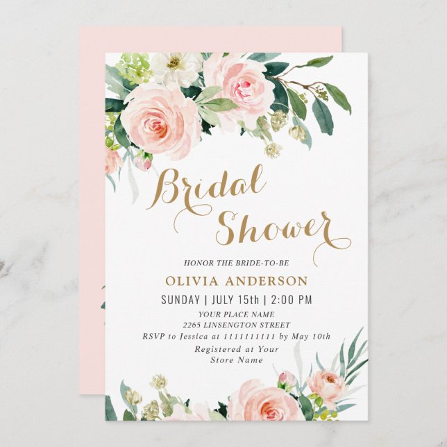 Blush Pink Flowers Watercolor Bridal Shower Invitation (Front/Back)