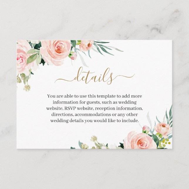 Blush Pink Flowers Watercolor Wedding Details Enclosure Card (Front)