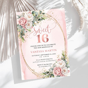 Blush Pink Flowers with Greenery Sweet Sixteen  Invitation