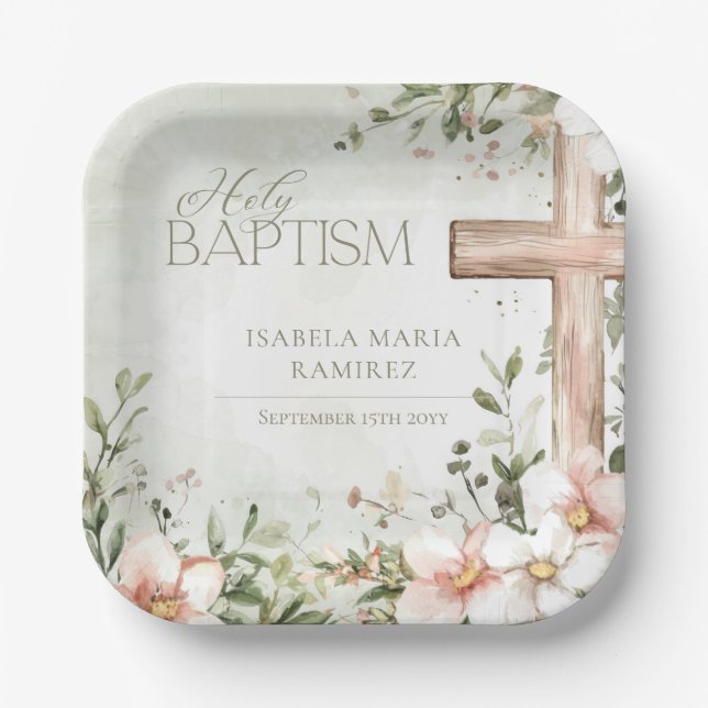 Blush pink flowers  wooden cross baptism green paper plate (Front)