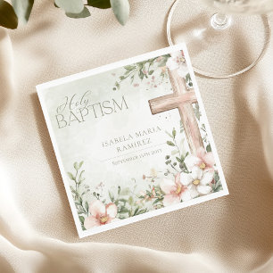 Blush pink flowers  wooden cross girl baptism napkin