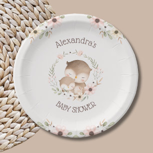 Blush Pink Flowers Woodland Owl Baby Girl Shower Paper Plate