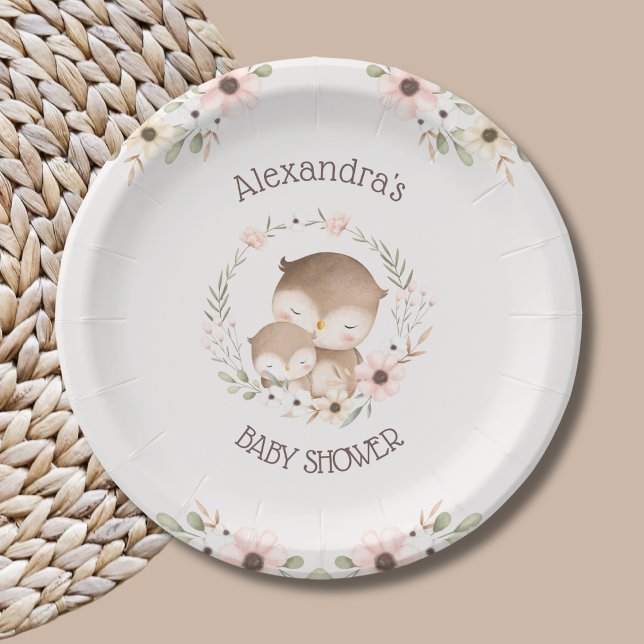 Blush Pink Flowers Woodland Owl Baby Girl Shower Paper Plate (Creator Uploaded)