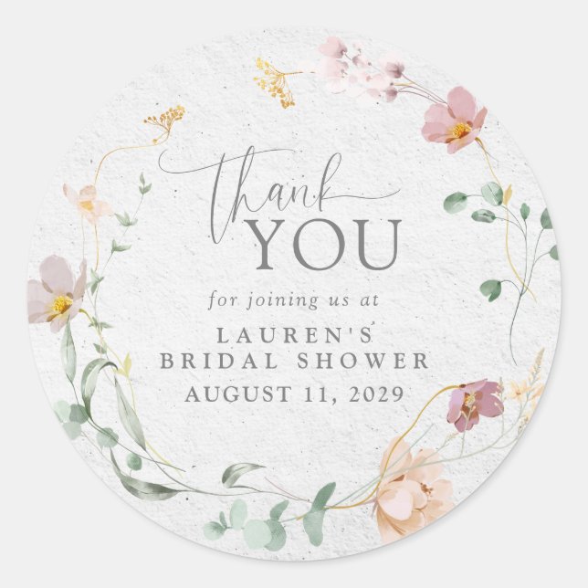 Blush Pink Flowers Wreath Bridal Shower Thank You Classic Round Sticker (Front)