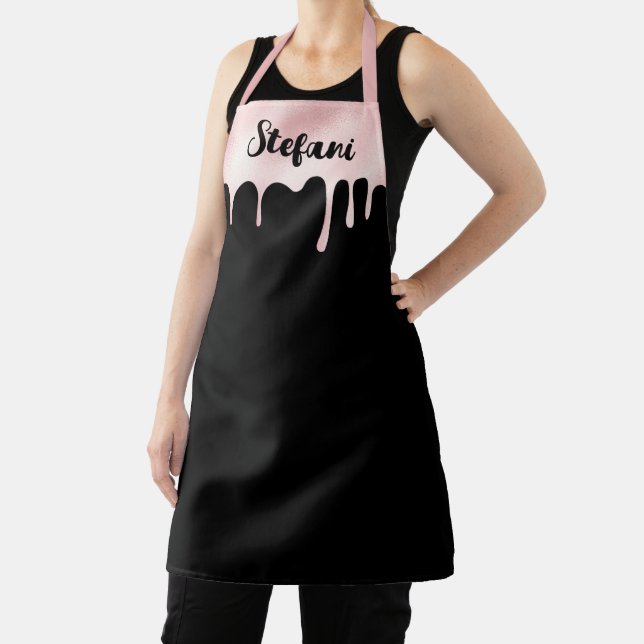 Blush Pink Foil Dripping Black Personalised Apron (Insitu)