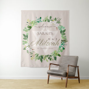 BLUSH PINK FOLIAGE WREATH STAR BAT MITZVAH WELCOME TAPESTRY
