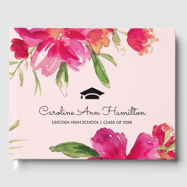 Blush Pink | Fuchsia Floral Graduation Guest Book (Front)