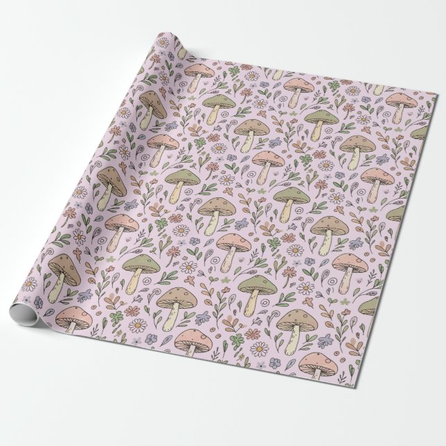 Blush Pink Fungi Seamless Pattern Gift Wrapping Paper (Unrolled)