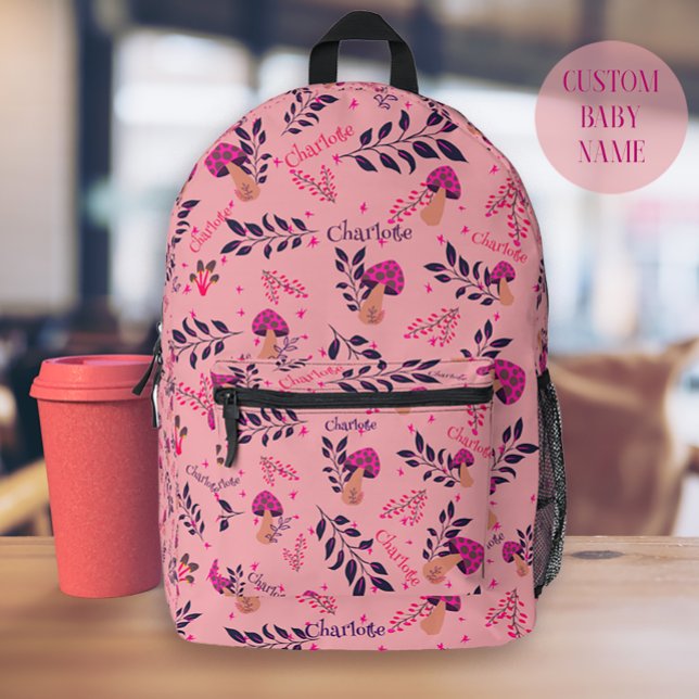 Blush Pink Funny Mushrooms Baby Custom Name Printed Backpack (Mushrooms Pattern with Customizable Baby Name)
