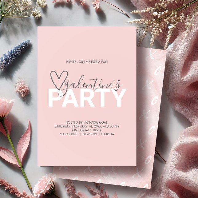 Blush Pink Galantine Modern Birthday Party Invite (Galentines party invitations in pink by Victoria Grigaliunas of Do Tell A Belle)