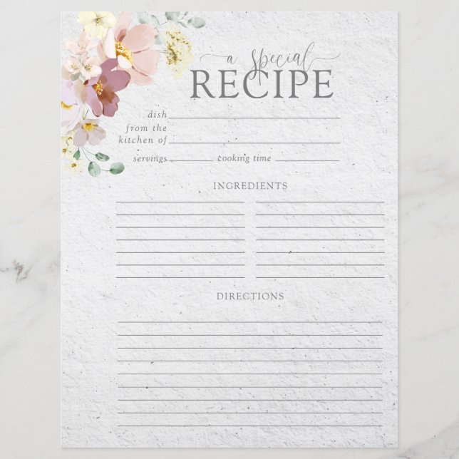 Blush Pink Garden Flower Bridal Shower Recipe Page (Front)