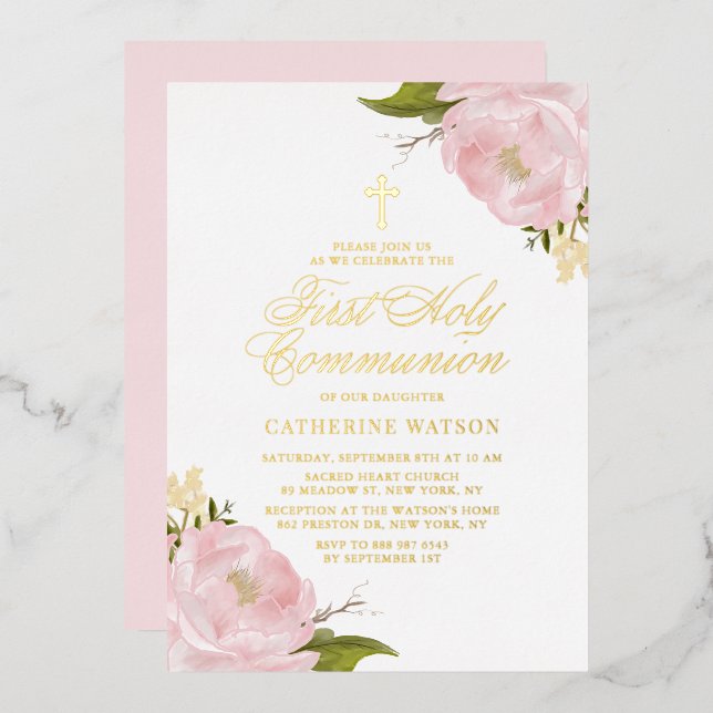 Blush Pink Garden Rose First Holy Communion Gold (Front/Back)