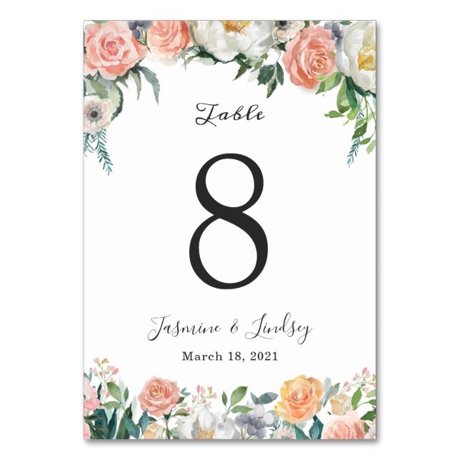 Blush Pink Garden Roses and Peonies Floral Wedding Table Number (Front)