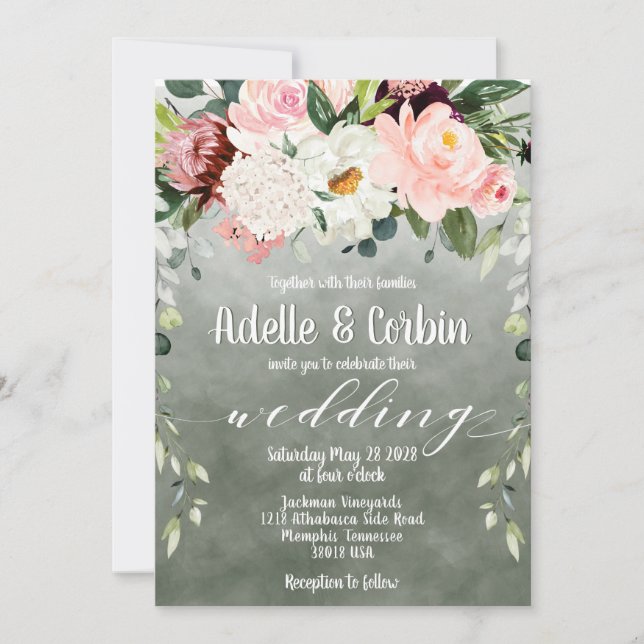 Blush Pink Garden Sage Green White Font Wedding Invitation (Front)