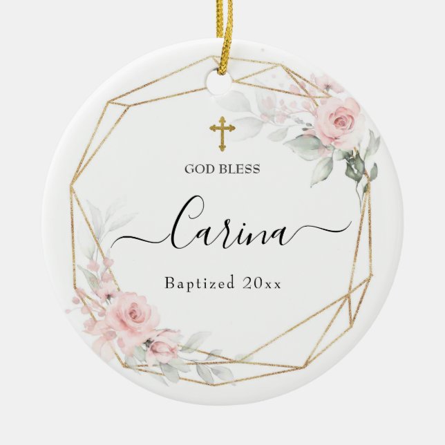 Blush Pink Geometric Floral Baptised Ceramic Tree Decoration (Front)