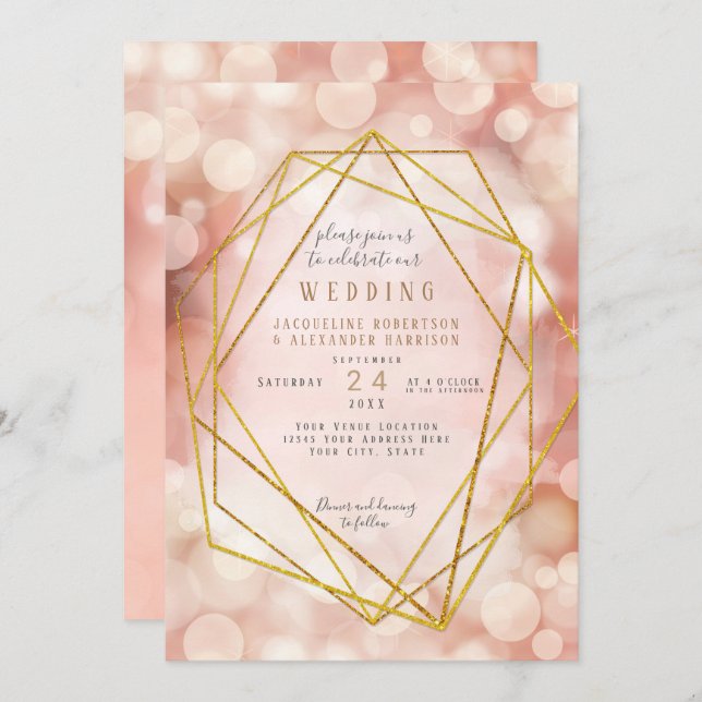 Blush Pink Geometric Gold Glitter Twinkle Lights Invitation (Front/Back)