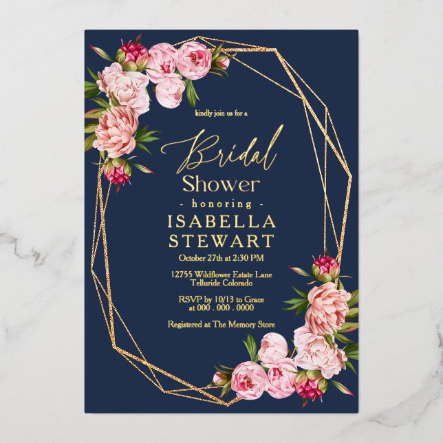 Blush Pink Geometric Navy Blue Bridal Shower (Front)