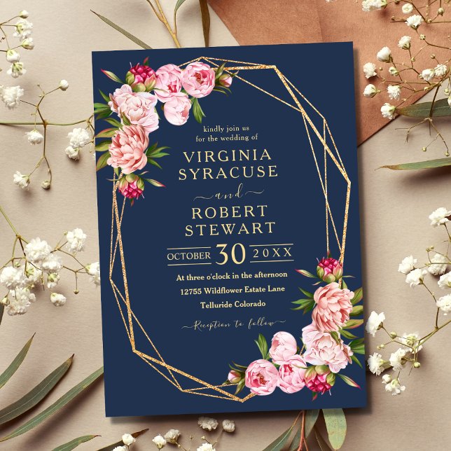 Blush Pink Geometric Royal Blue Navy Wedding Invitation (Creator Uploaded)