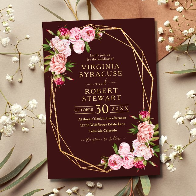 Blush Pink Geometric Royal Burgundy Wedding Invitation (Creator Uploaded)