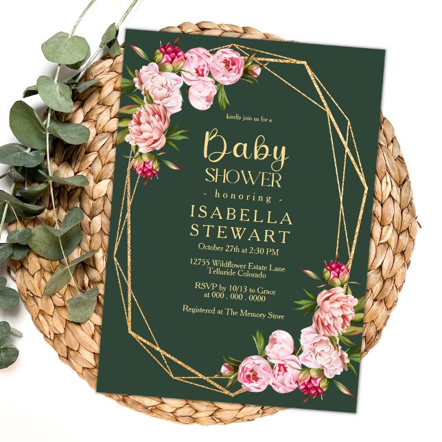 Blush Pink Geometric Royal Green Baby Shower Invitation (Creator Uploaded)