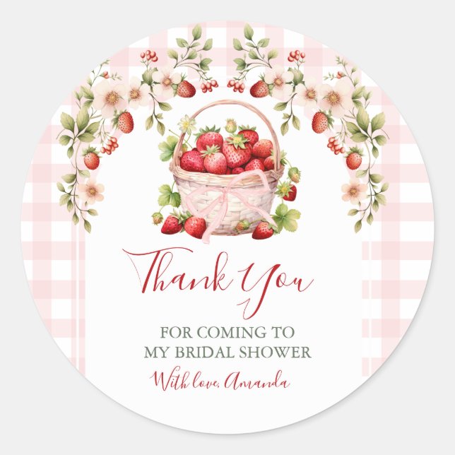 Blush Pink Gingham Berry in love Bridal Shower Classic Round Sticker (Front)