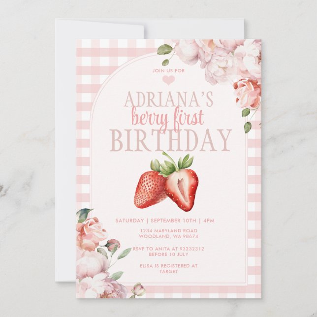 Blush Pink Gingham Berry Sweet Birthday Invitation (Front)
