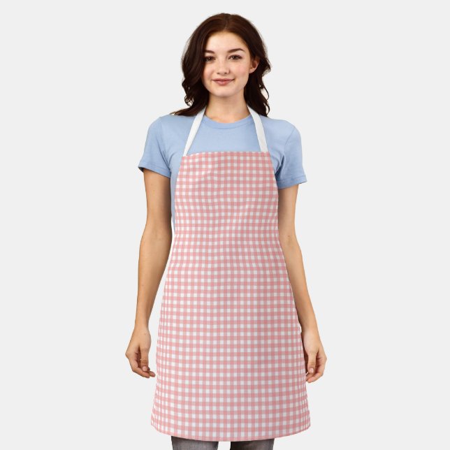 Blush Pink Gingham Check Pattern Apron (Worn)