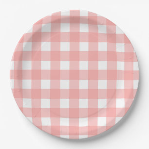 Blush Pink Gingham Check Pattern Paper Plate