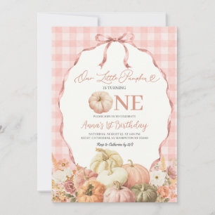 Blush Pink Gingham Coquette Pumpkin 1st Birthday Invitation