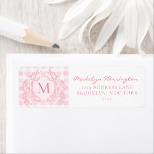 Blush Pink Gingham Floral Crest Monogram Address
